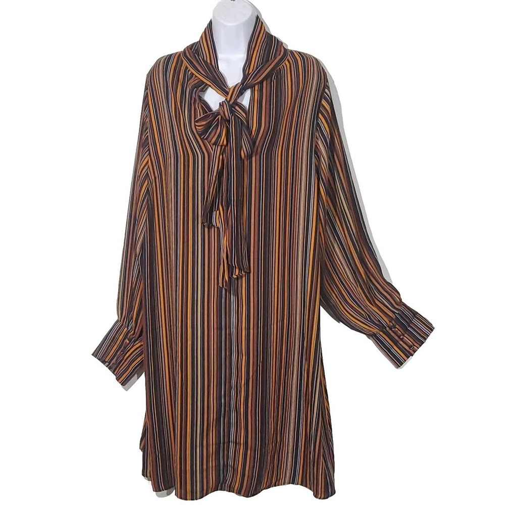 City Chic Size XL Rust Black White Stripes Front Tie V-Neck Bishop Sleeve Dress
